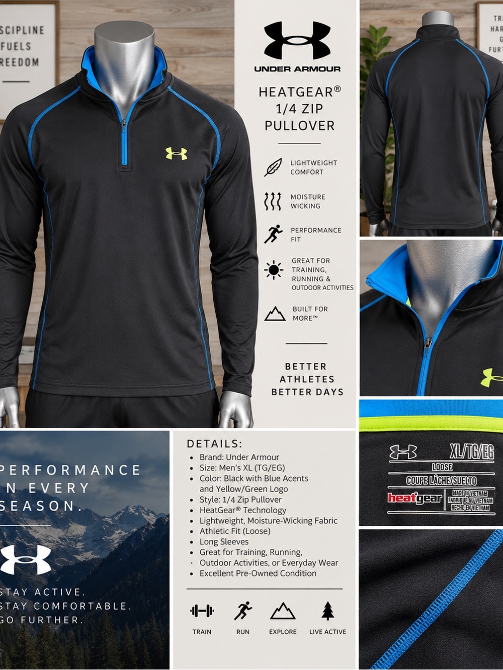 Under Armour Black 1/4 Zip Performance Pullover with Blue Trim & Yellow Logo